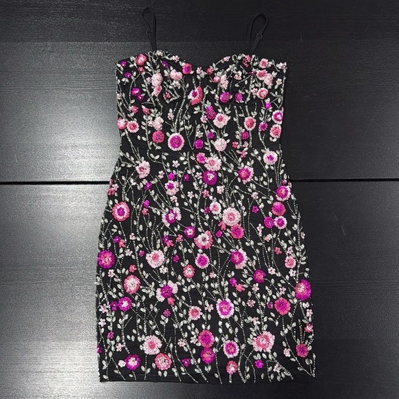 Mac Duggal Slim Strap Bustier Top Floral Beaded Mini Dress Style #10012 - Picture 3 of 8